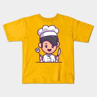 Chef Girl With Knife And Spatula Cartoon Kids T-Shirt